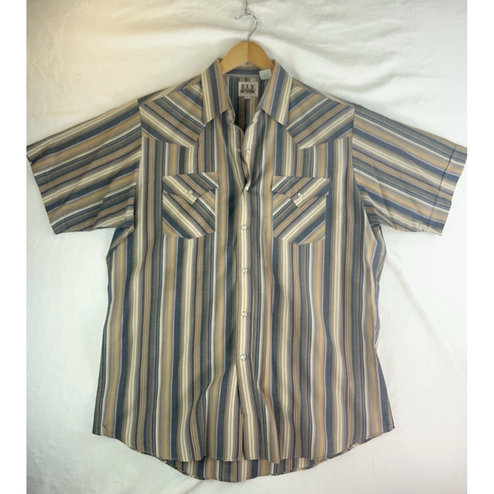 Ely Cattleman Shirt Mens  Large Blue Striped Snap Button SS Pocket Cotton